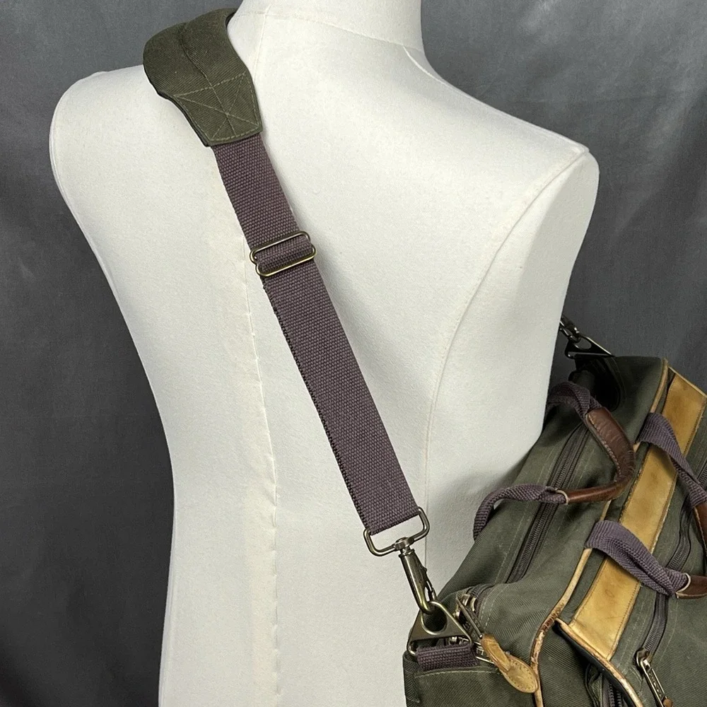 LL Bean Messenger Bag Briefcase Nylon Canvas Leather Trim Strap Green VTG 90s